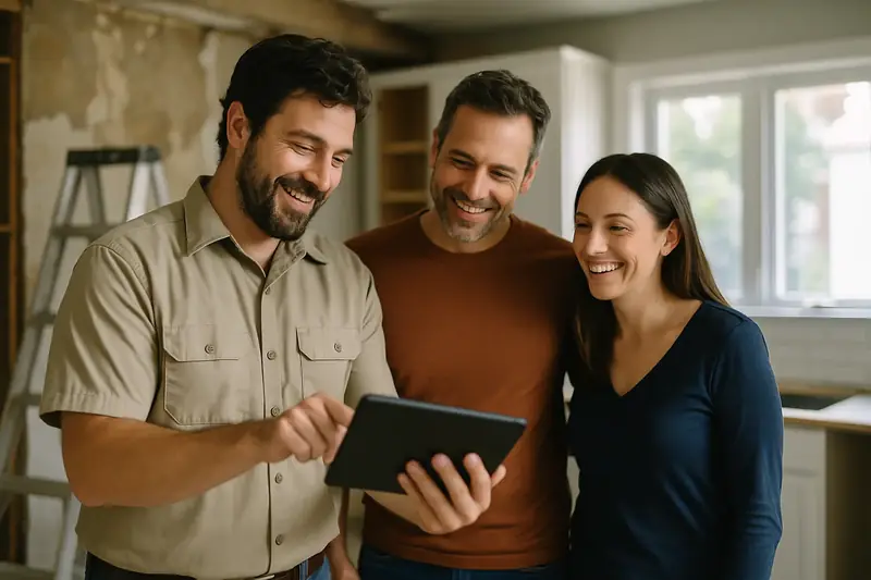 Contractor showing an estimate to homeowners on a tablet