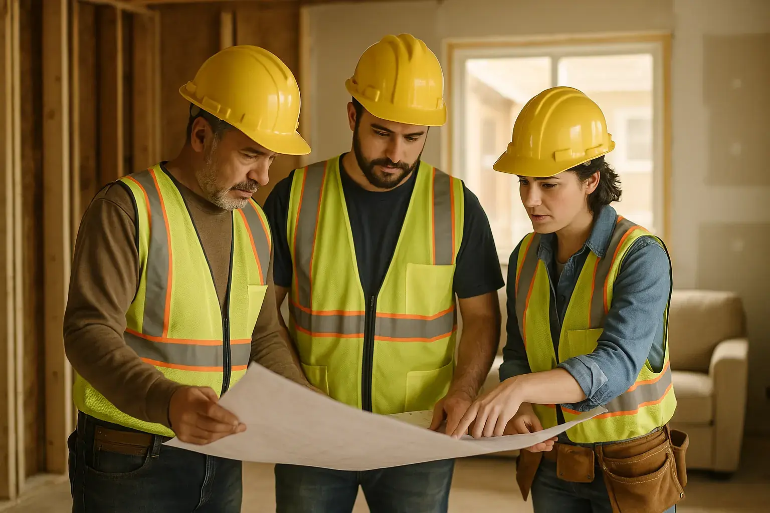 Construction crew reviewing plans in a house under renovation